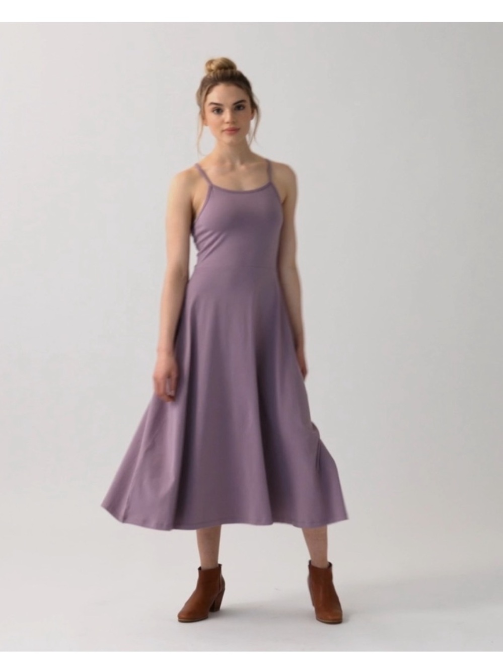 NWOT Pact Fit & Flare Strappy Midi Dress Sz L Purple Lavender Organic Cotton